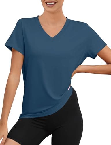 Image of Rapbin Women's Sport Tops Short Sleeve Running Shirts V Neck Breathable Quick Dry Gym Running T-Shirt UPF 50+ UV Protection Loose(Navy Blue,XL)