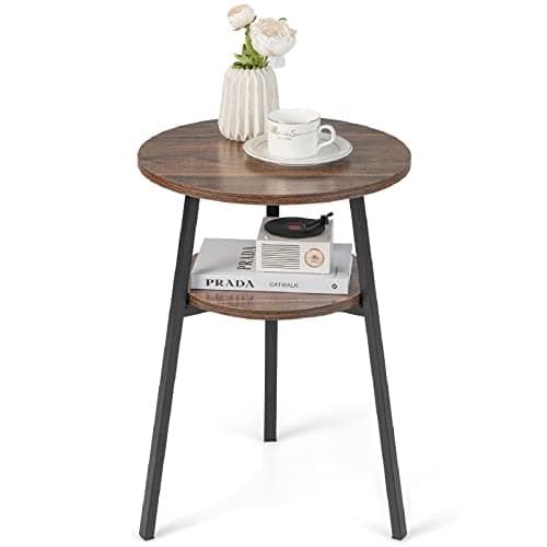 Image of COSTWAY Round Side Table, 2-Tier Industrial Sofa End Table Small Nightstand with Storage Shelf, Metal Frame Wooden Coffee Snack Tea Table for Living Room, Bedroom and Office (1, Rustic Brown)