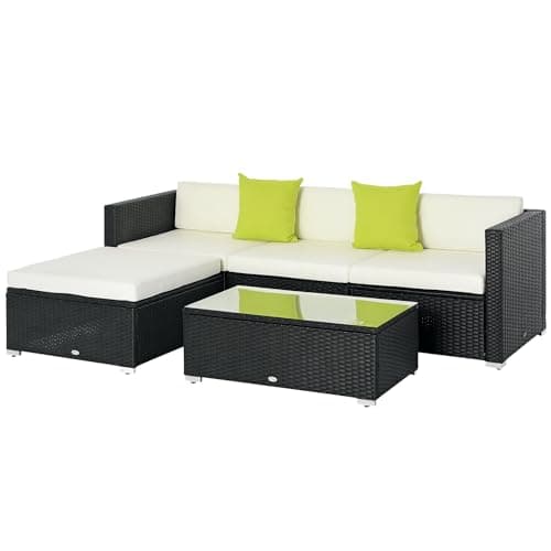 Image of Outsunny 5 Pieces PE Rattan Garden Furniture Set with Cushions, Outdoor Corner Sofa, Patio Sectional Conversation Furniture Sets with Glass Top Coffee Table, Black