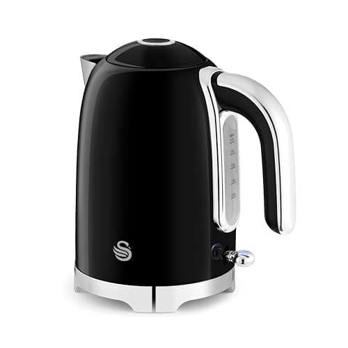 Image of Swan SK19026BLK Solace Cordless Kettle, Premium Stainless Steel with a High Gloss Finish, Fast Boil, 360-Degree Base, Removable Limescale Filter, 1.7 Litres, 3000W, Black