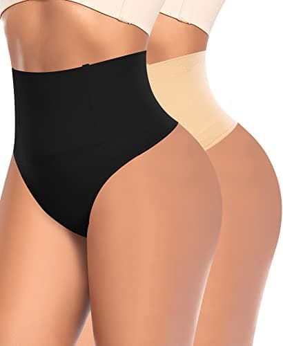 Image of YARRCO Tummy Control Thong Shapewear for Women High Waist Control Knickers Tummy Tucking Thong Knickers Slimming Pants Shaping Underwear Seamless Butt Lifter Panties Body Shaper (Black+Beige,S)