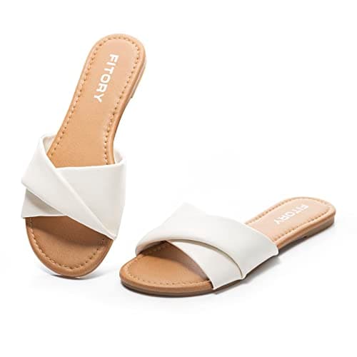 Image of FITORY Women's Flat Sandals with Comfy Leather, Casual Slip On Slides Ladies Beach Shoes for Summer Pure White Size 8