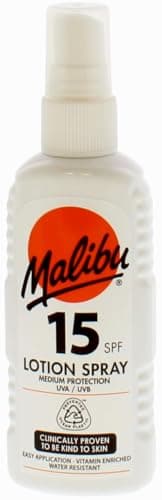 Image of Malibu Sun SPF 15 Lotion Spray, Medium Protection Sun Cream, Water Resistant, Vitamin Enriched, with Shea Butter Extract, 100ml