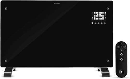 Image of Devola Wifi Enabled Smart Electric Glass Panel Heater 2000W | Alexa Heating Control, Open Window Detection, Wall Mounted & Free Standing Low Energy Heaters with Timer | Lot 20, DVPW2000B (Black)