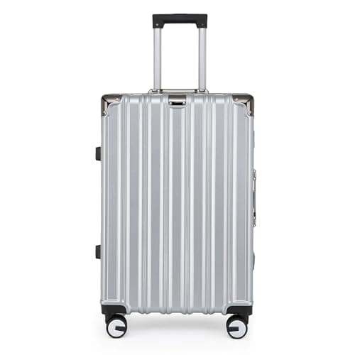 Image of Infinity Leather Suitcase Trolley Carry On Hand Cabin Luggage Hard Shell PC Travel Bag Lightweight with Durable 4 Spinner Wheels (Silver, M(66cm 70L))