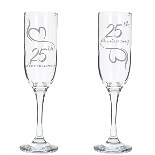 Image of Always Looking Good 25th Wedding Anniversary Set of 2 Silver Engraved Champagne Flute Glasses