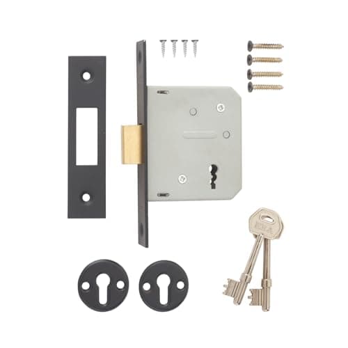 Image of 3 Lever Deadbolt Mortice Door Lock – High Security Lock with Keys – Suitable for Wooden Internal & External Doors – Easy to Install (Matte Black - Boxed, 2½" (64mm))