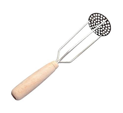Image of Woden World - A Metal Potato Masher with a Wooden Handle and a Round, Perforated tip. for mashing Potatoes and Other Vegetables.