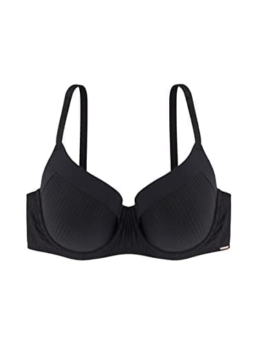 Image of CARMEN Lightly Padded Demi Bra – Burnout Stripe Micro Fabric, Underwired Support, Power Mesh U-Back Wings, Adjustable Straps & Three-Strand Hook & Eye Fastening for Curvy Busts, Black