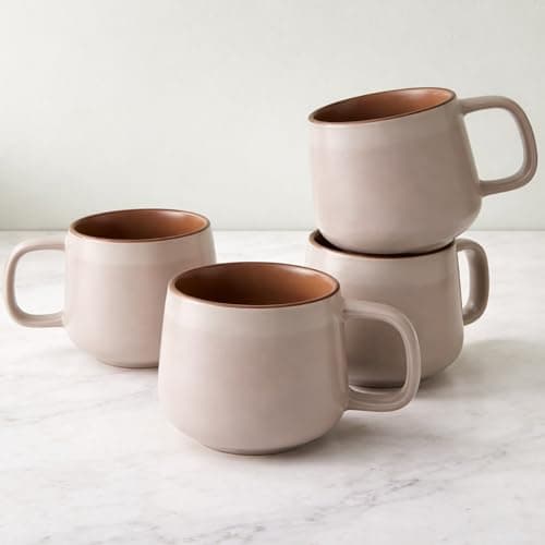 Image of Ava Nord Ceramic Coffee Mugs Set of 4 | 340 ml Stoneware Coffee Cups | Lead-Free, Non-Toxic | Microwave and Dishwasher Safe | Comfortable Handle | Modern Nordic Design for Tea and Latte | Rose Sand