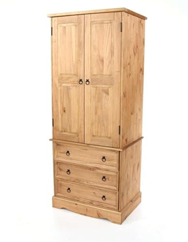 Image of Home Source Bedroom Solid Pine Wood 2 Door 3 Drawer Double Wardrobe