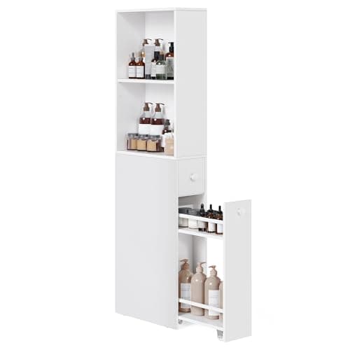Image of VASAGLE Tall Bathroom Cabinet, Slim Bathroom Storage Cabinet, Freestanding Narrow Storage Unit with Drawers and Adjustable Shelf, for Small Spaces, Modern Style, Classic White BBK567T14