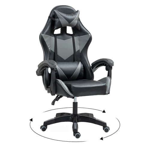 Image of Grennswick ​​Ergonomic Gaming Chair Adjustable Lumbar Support & Headrest - Reclining Office Computer Chair, 360° Swivel PU Leather Racing Seat for Long Sessions​ (Black+grey)
