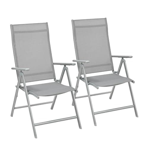Image of SONGMICS Set of 2 Folding Garden Chairs, Outdoor Seats, Heavy Duty Aluminium Frame, 8 Position Adjustable Backrest, 120kg Load, Grey GCB29GY