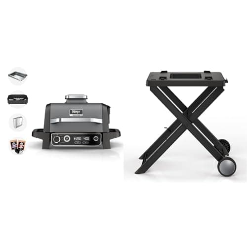 Image of Ninja Woodfire Electric BBQ Grill & Smoker, 7-in-1 Outdoor Barbecue Grill & Air Fryer, Grey/Black, OG701UK & Woodfire Folding Grill Stand, Official Accessory, Black/Grey XSKGRLLSTDEUK