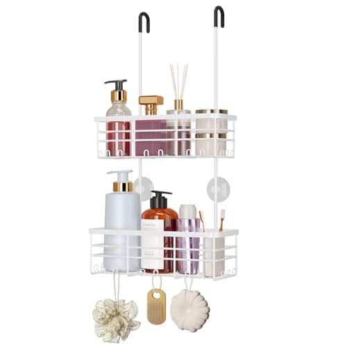 Image of HapiRm Hanging Shower Caddy Organiser - 2 Tier Over Door Shower Caddy with Hooks, No Drilling Shower Organiser with Portable Pole, Rustproof 304 Stainless Steel Bathroom Hanging Storage- White
