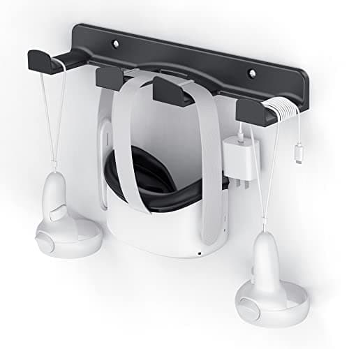 Image of HomeMount VR Wall Mount for Oculus Quest 2/Rift, Valve Index, HTC Vive, PSVR - Space-Saving Headset & Controller Hanger with Rounded Corners (Black)