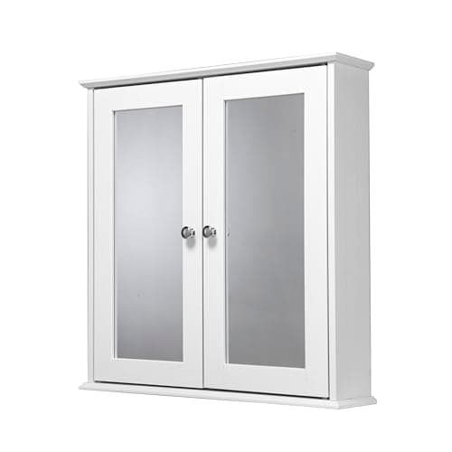 Image of Croydex Ashby White Wooden Cabinet for Bathroom - Double Door Bathroom Mirror Cabinet with 2 Adjustable Shelves and Easy Hang 'n' Lock Installation (58 x 56cm)