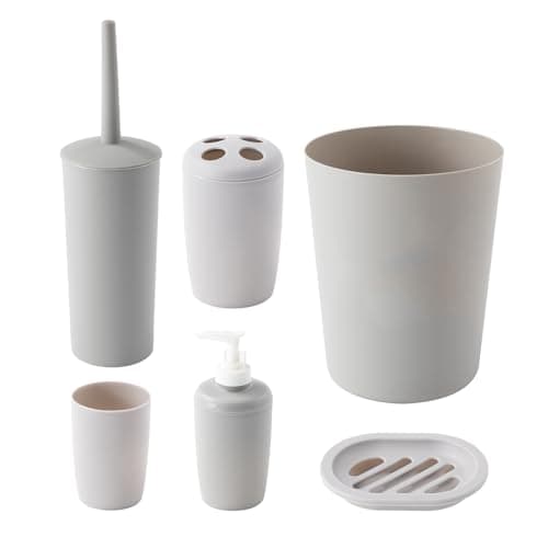 Image of The Cleaning Expert 6 Piece Bathroom Accessory Set - Modern Bathroom Set with Bin, Soap Dispenser, Soap Dish, Tumbler, Toilet Brush Holder & Toothbrush Holder - Grey or White (Grey)