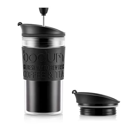 Image of Bodum K11102-01 Travel Press Set Coffee Maker with Extra Lid, Black, 0.35 L/12 oz