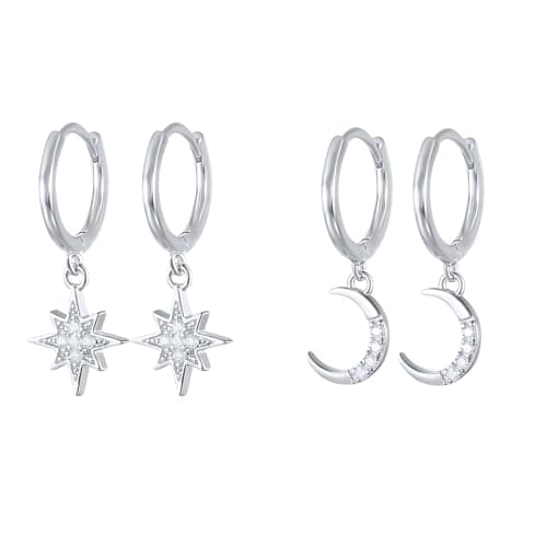 Image of Hinvan 2 Pairs 925 Sterling Silver Moon and Star Earrings Silver Huggie Drop Dangle Hoop Earrings Cubic Zirconia Asymmetrical Hypoallergenic Sleeper Small Star Hoops for Women Girls