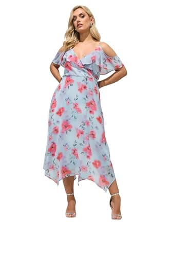 Image of Yours London Curve Blue Floral Wrap Dress - Women's - Plus Size Curve