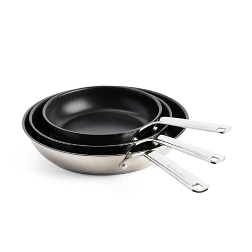 Image of KitchenAid Stainless Steel PFAS-Free Ceramic Non-Stick 3-Piece Frying Pan Skillet Set 20 cm, 24 cm and 28 cm, Induction, Oven Safe, Silver