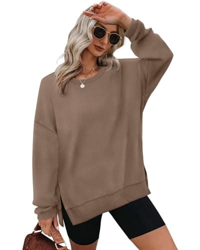 Image of Aokosor Sweatshirts for Women Oversized Jumpers Ladies Tops Crewneck Long Sleeve Tops Side Split Coffee Size 10-12
