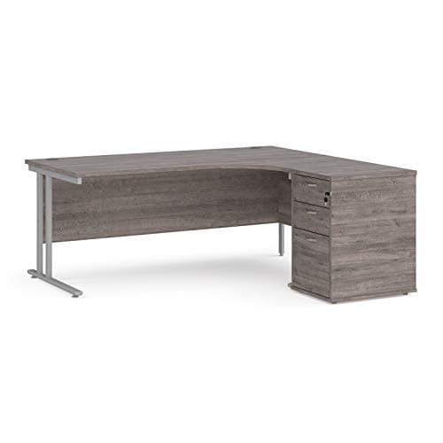 Image of Mr Office Maestro 25 right hand ergonomic desk with silver cantilever frame and desk high pedestal bundle, Grey oak, 1800