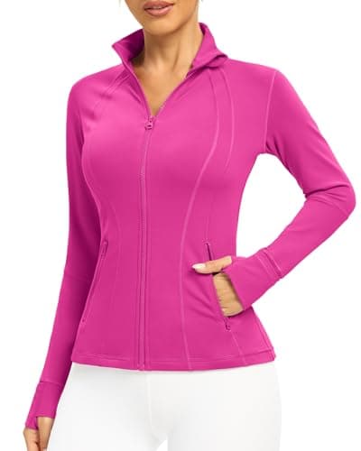 Image of Queenie Ke Women's Slim Fit Running Jackets - Long Sleeves Athletic Workout Gym Tops with Back Mesh Vent & Thumb Holes (Hot Pink, Medium)
