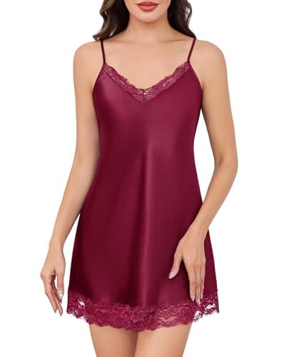 Image of Sopesil Womens Satin Nightdress Sexy Ladies Lace Nighties V Neck Negligees Spaghetti Strap Sleeveless Chemise Slips Sleepwear Nightgowns, Purplish-red, M