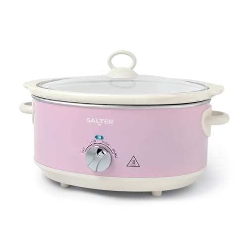Image of Salter Retro Pink 6.5L Slow Cooker – Electric Ceramic Cooking Pot, 3 Heat Settings & Keep Warm, Dishwasher Safe, Tempered Glass Lid, Cool Touch Handles, Stews, Casserole, Curries, Vintage Design, 200W