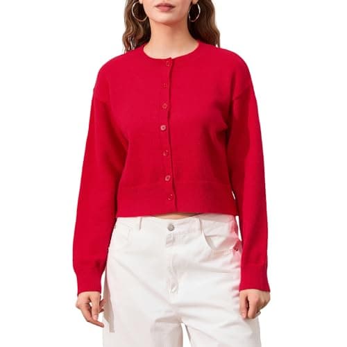 Image of Women's Crop Knit Cardigan Solid Color Button Down Long Sleeve Tops Fall Winter Casual Elegant Outerwear (Red, XL)