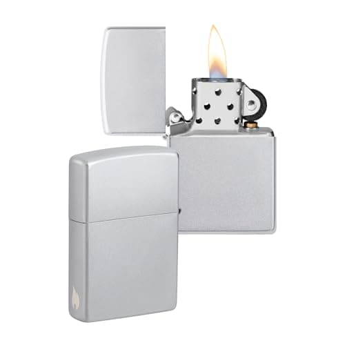 Image of Zippo Windproof Lighter - Flame Design - Satin Chrome - Refillable - Reusable - Windproof - Gift Box - Metal - Made in USA - Amazon Exclusive