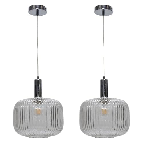 Image of firstchoicelighting Set of 2 Clear Ribbed Glass Ceiling Light Pendants with Modern Deco Style Chrome Cable Kit, Height Adjustable, Kitchen Island Dining Lighting