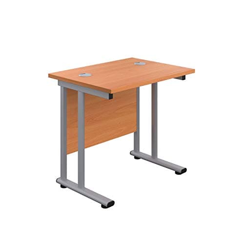 Image of Office Hippo Heavy Duty Rectangular Cantilever Office Desk, Home Office Desk, Office Table, Integrated Cable Ports, PC Desk For Office or Home, 5 Yr Wty - Silver Frame/Beech Top, 80cm x 60cm