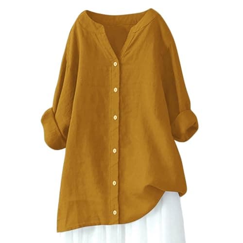 Image of Linen Spring Tops for Women Long Sleeve High Low 2026 Gauze Shirts Embroidered Summer Loose Fit Oversized Blouses 3/4 Sleeve Solid Sheer Club Clothing V Neck Casual Crinkle Gauze Orange