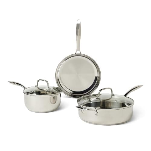 Image of Amazon Basics Stainless Steel Cookware Set, 5-Piece Set, All Cooktop Friendly, Dishwasher-Safe