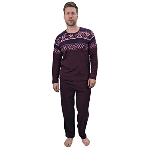 Image of KRUXADER Mens Warm Thermal Fleece Loungewear PJ Pyjama Set Fairisle PJ's (Bylur Burgundy, 3XL)