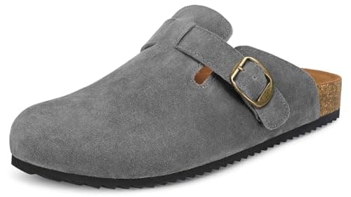 Image of Mens Womens Suede Clogs Leather Mules Cork Footed Arch Support Slip On Slides Sandals Shoes Size Grey UK3.5=37