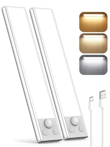 Image of Under Cabinet Kitchen Lights LED, 3 Color Motion Sensor Lights Indoor, Rechargeable Battery Operated Wardrobe Light, Wireless Magnetic USB Powered Strip Stick on Light for Shelf Stairs Counter, 2 Pack