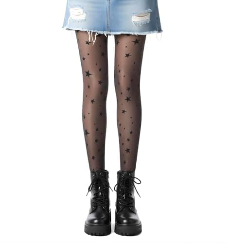 Image of Thrymme Patterned Tights for Women, Cute Black Star Patterned Tights for Women Funky Black Star Printed Sheer Stockings Emo Style Perfect for Parties & Casual Wear