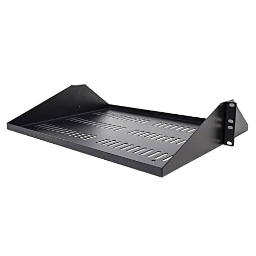 Image of StarTech.com 2U Server Rack Shelf, Center Mounted Universal Vented Rackmount Cantilever Tray for 19" Network Equipment Rack, Heavy Duty Steel, 200lb Capacity, 14" Deep, Black (SHELF-2U-14-CENTER-V)