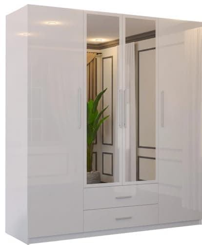 Image of SLIDING WARDROBE 4U High Gloss 4-Door Hinged Wardrobe with Mirrors, Drawers, Shelves & Hanging Rail Freestanding Bedroom Storage – White/Black/Grey (White, 160cm)