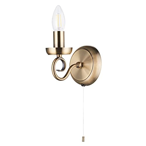Image of Happy Homewares Traditional and Vintage Antique Brass Wall Light Fitting with Scroll Arm and Pull Switch | SES 60w Maximum | 17cm x 14cm x 12cm