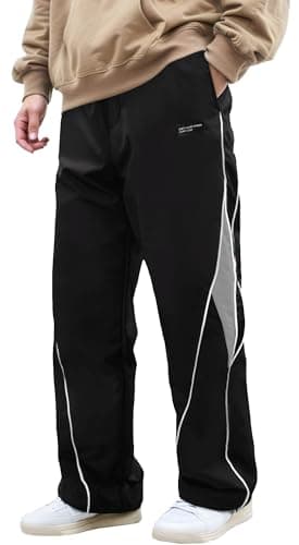 Image of FEOYA Men's Track Pants Straight Leg Baggy Joggers Y2k Drawstring Casual Trousers Hip Hop Streetwear Parachute Harajuku Pants Black XXL