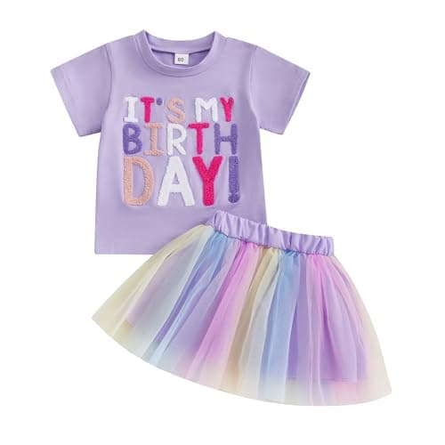 Image of MAHUAOYIXI Baby Girl 2Pcs Birthday Outfits Short Sleeve Letter Embroidery Tops T-Shirt + Tutu Glitter Tulle Skirt Set Toddler Girls Clothes Girls Birthday Clothing Set (Purple, 3-4 Years)