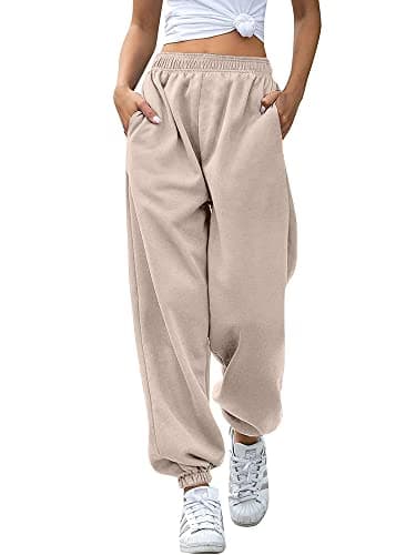 Image of Love My Fashions Women's Joggers Plain Gym Sport Sweatpants Winters Tracksuit Jogging Bottoms Casual Baggy Pants Elastic Waist Cuffed Trousers with Pockets Beige