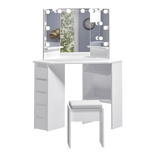 Image of Panana Corner Dressing Table with LED Light, Vanity Table with 5 Drawers and Stool, Makeup Table for Home Furnature (White)