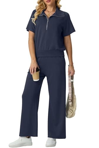 Image of GRECERELLE Tracksuit Womens Full Set Summer Activewear Two Piece Outfits Lounge Wear Sets for Women Short Sleeve Half Zip Casual Pullover Tops and Jogging Bottoms with Pockets (Navy Blue, M)
